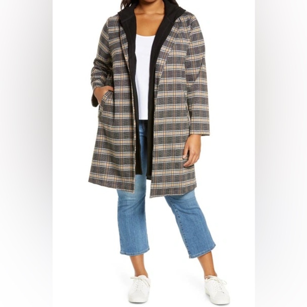 Melloday Removable Hood Long Plaid Coat in Black/Brown Plaid Size Small
